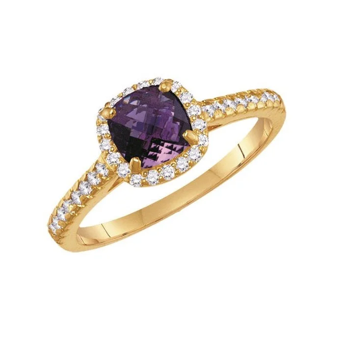 6MM Cushion Amethyst and White Sapphire Birthstone Ring in 10KT Yellow Gold