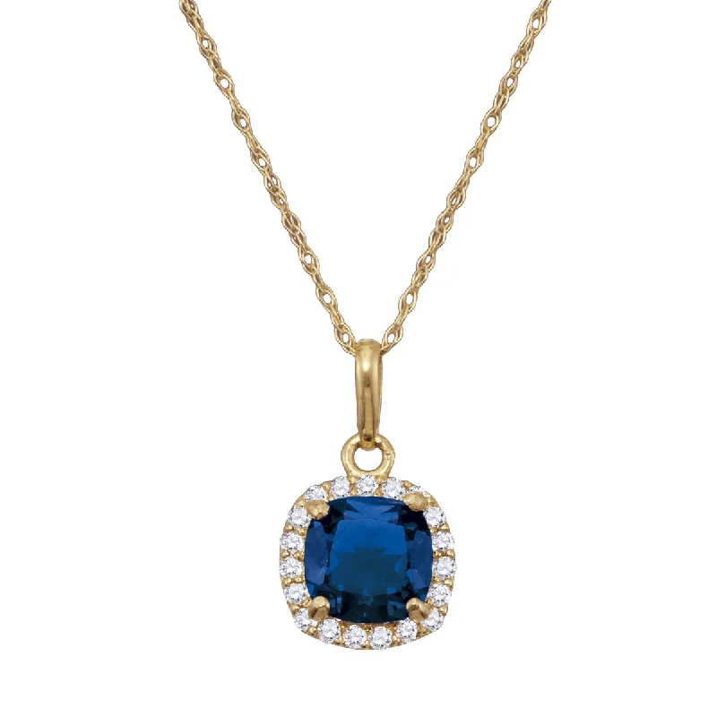 6MM Cushion Blue Sapphire and White Sapphire Birthstone Halo 18-inch Pendant in 10KT Yellow Gold