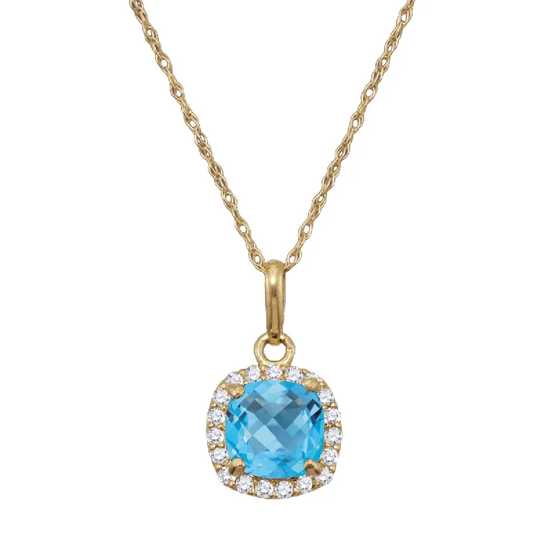 6MM Cushion Blue Topaz and White Sapphire Birthstone Halo 18-inch Pendant in 10KT Yellow Gold