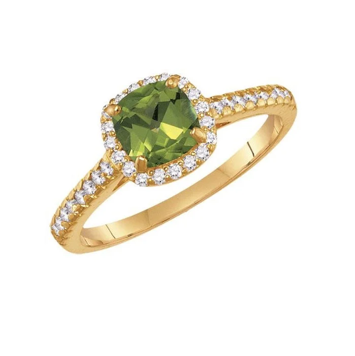 6MM Cushion Peridot and White Sapphire Birthstone Ring in 10KT Yellow Gold