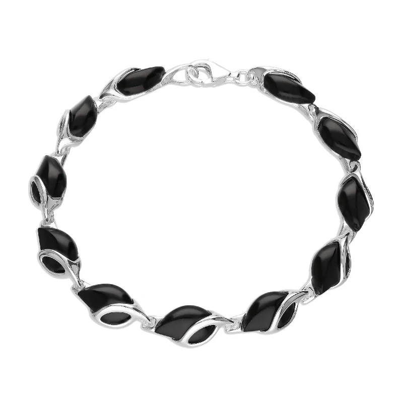 Sterling Silver Eleven Stone Whitby Jet Teardrop Leaf Bracelet