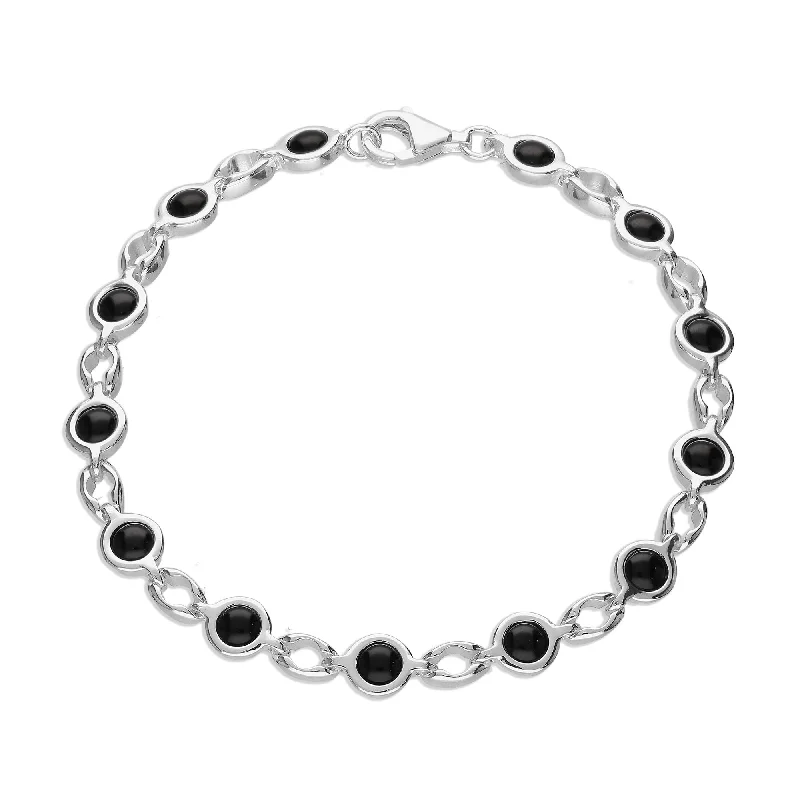 Sterling Silver Whitby Jet 4mm Round Chain Link Bracelet