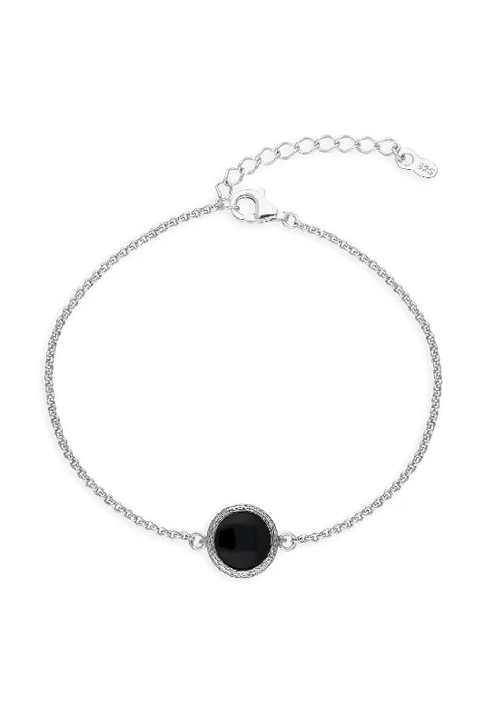 Sterling Silver Whitby Jet Brushed Round Bracelet