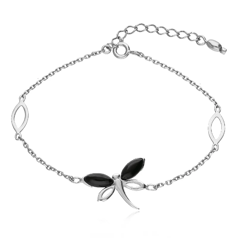 Sterling Silver Whitby Jet Dragonfly Bracelet