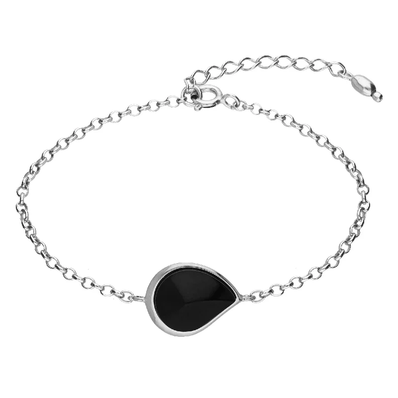 Sterling Silver Whitby Jet Large Single Teardrop Bracelet