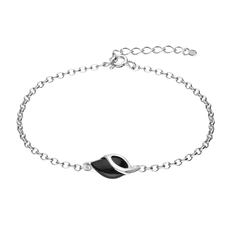 Sterling Silver Whitby Jet Single Teardrop Leaf Bracelet