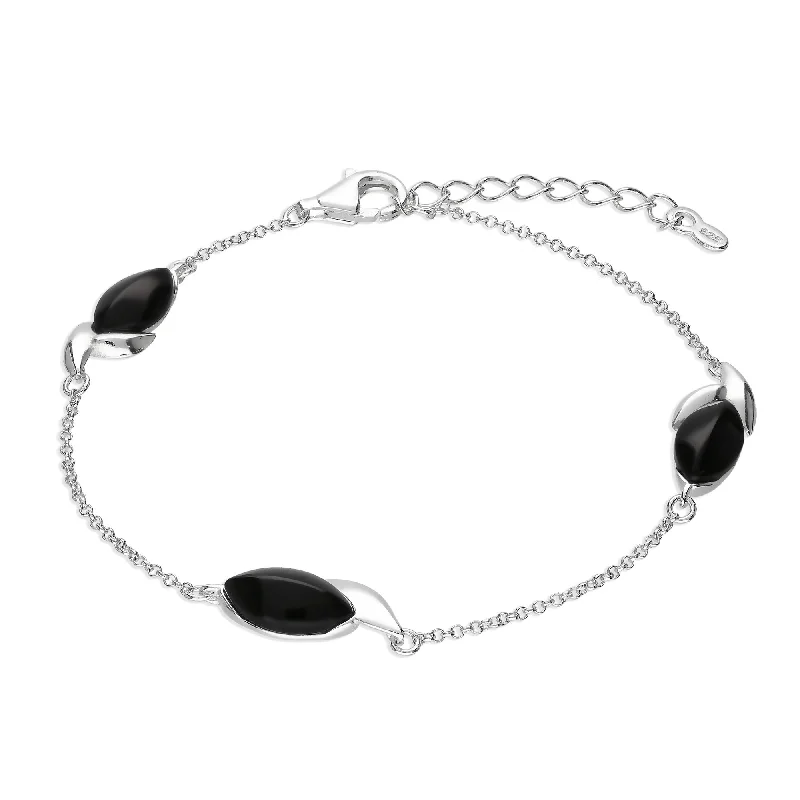 Sterling Silver Whitby Jet Three Leaf Marquise Bracelet