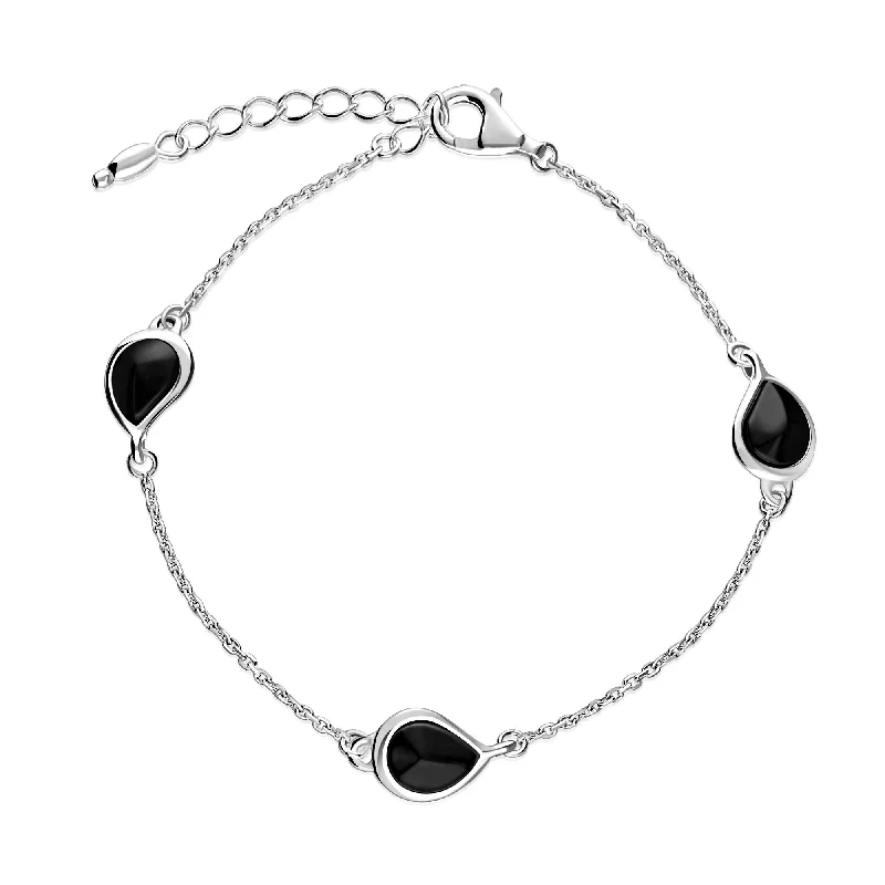 Sterling Silver Whitby Jet Three Pear Drop Bracelet