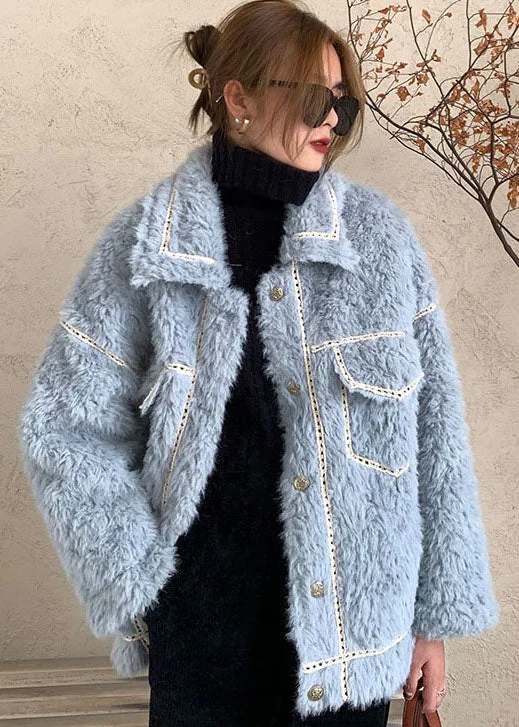 French Blue Button Faux Fur Winter Casual Coat