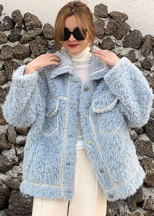 French Blue Button Faux Fur Winter Casual Coat