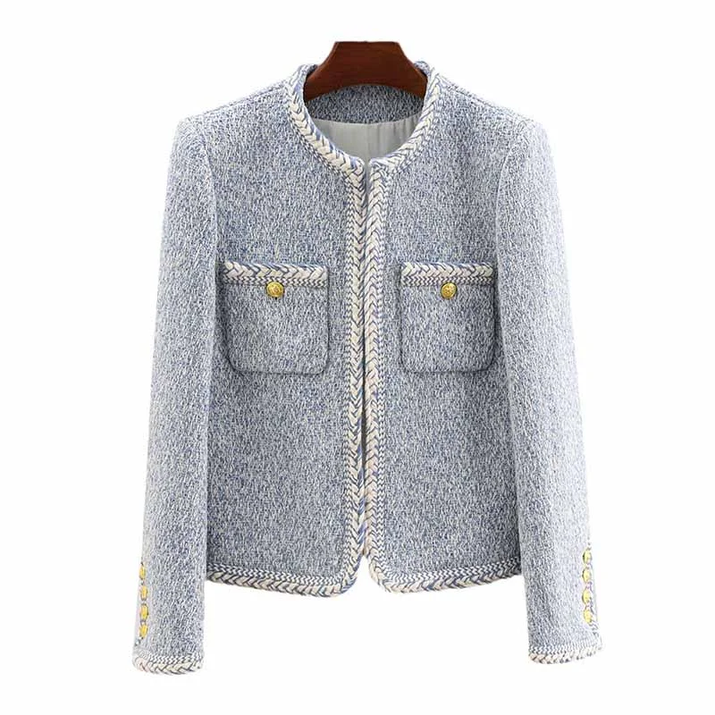 Luxury tweed autumn winter coat blue tweed woolen cloth jacket