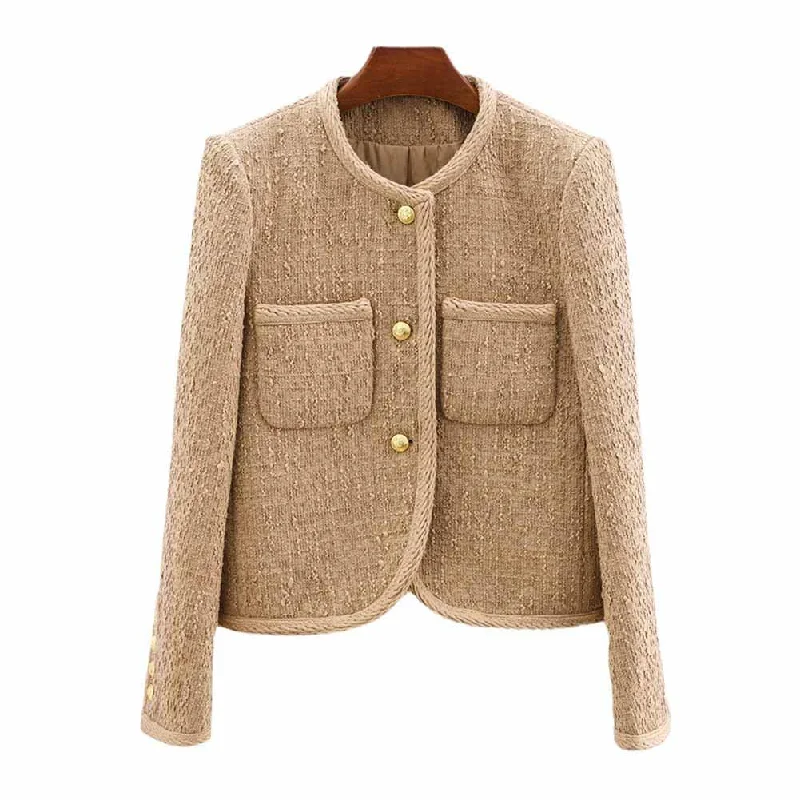 Luxury tweed autumn winter coat khaki tweed woolen cloth jacket