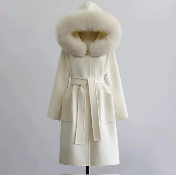 QIUCHEN- QC19055  hot-selling women warm trench jacket cashmere belt long plus size fox fur collar wool coat