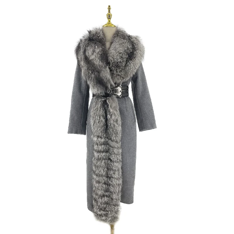 QIUCHEN QC21149 Fashion Winter Women Elegant Sexy Belt Luxury Woolen Jacket Cashmere Coat With Fox Fur