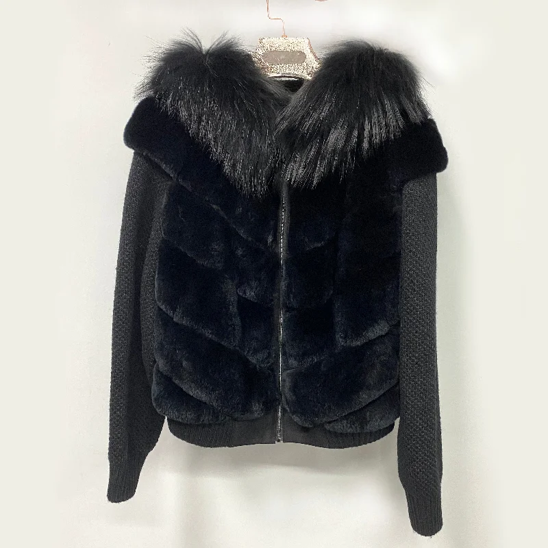 QIUCHEN QC22029 Drop shipping Women Knit Zip Hoodie Coat with Real Fox Fur Collar Winter Hooded Jacket Women