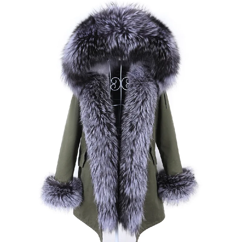 Winter Fashion Real Fox Fur Collar Long Hooded Jacket for Women