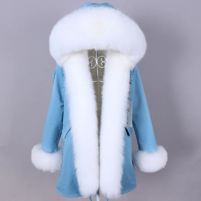 Winter Real Fox Fur Big Collar Long Hooded Parkas Jacket for Women