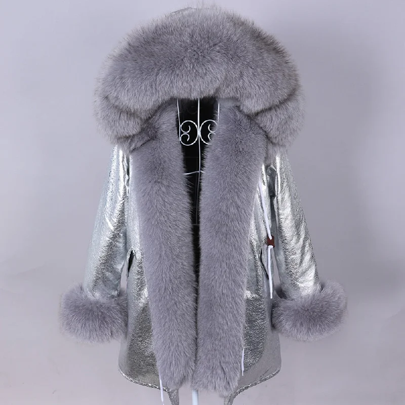 Winter Removable Real Fox Fur Collar Long Hooded Jacket for Women