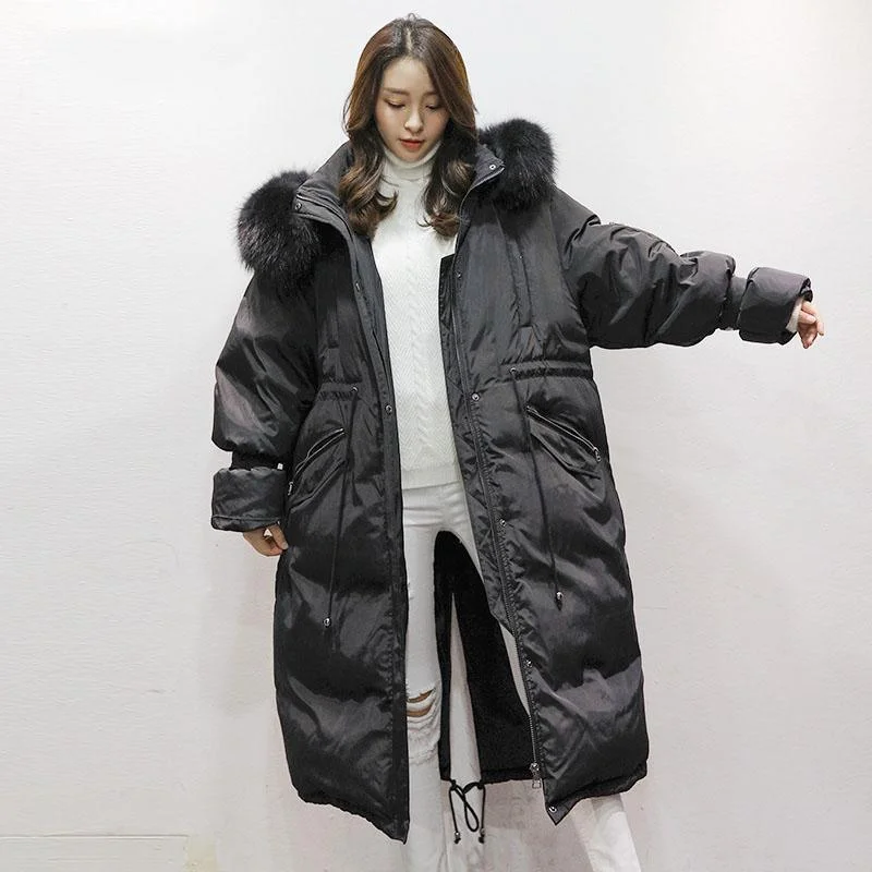 Women's Black Warm Winter Coat Plus Size Faux Fur Collar Hooded Women's Parka Tie Waist Overcoat