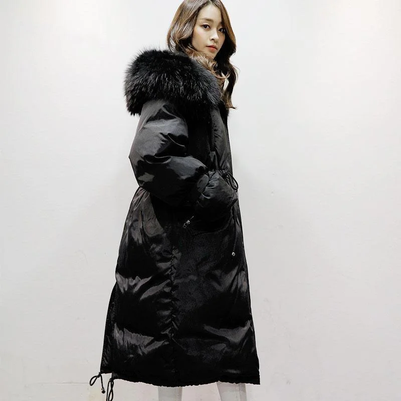 Women's Black Warm Winter Coat Plus Size Faux Fur Collar Hooded Women's Parka Tie Waist Overcoat