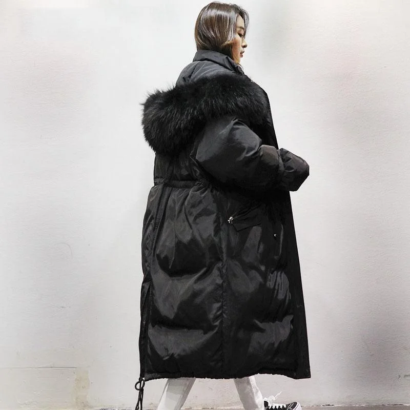 Women's Black Warm Winter Coat Plus Size Faux Fur Collar Hooded Women's Parka Tie Waist Overcoat