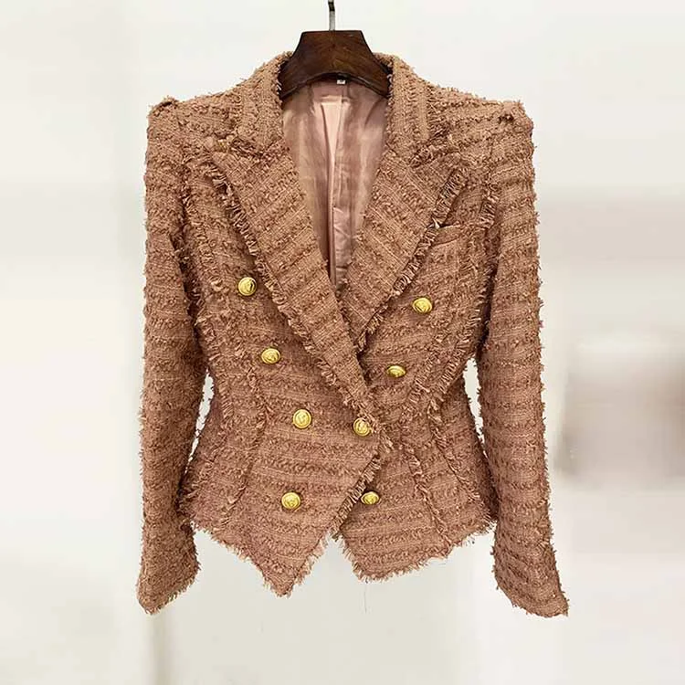 Women Camel Tweed Golden Buttons Fitted Blazer + Mid- Waist Shorts Suit / Wedding Suit, Birthday Party Set