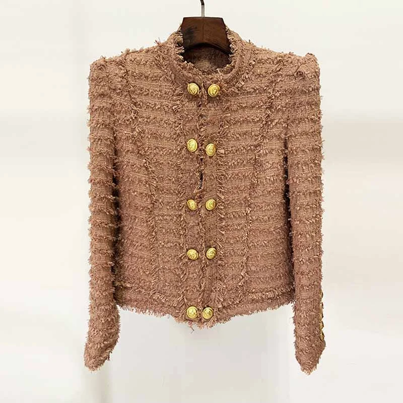 Women Stand Collar Golden Buttons Camel Fringe Tweed Jacket Blazer