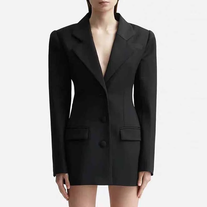 Women Hollowed Out Back Mid Length Blazer Dress