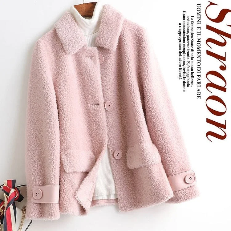 Women's 100% Wool Winter Fur Turn-down Collar Knitted Short Coats