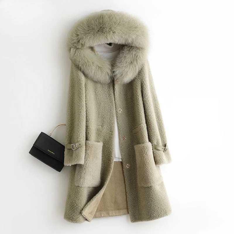 Women's Fashion 100% Wool Mid-length Fox Fur Collar Slim Fur Coats