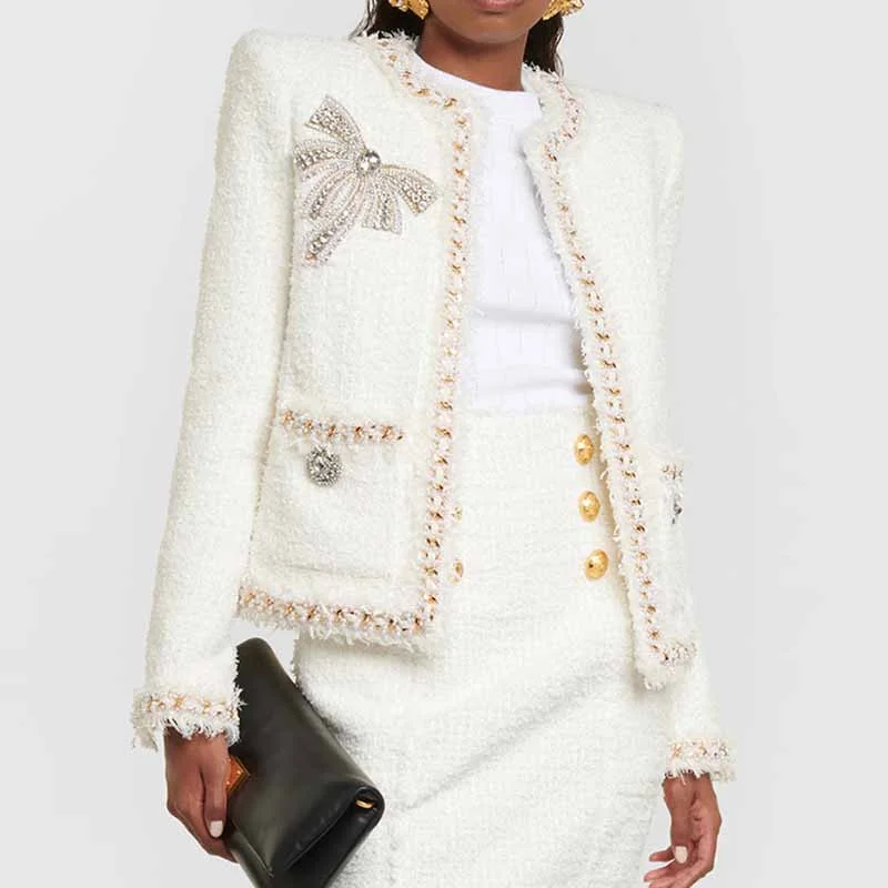 Women's Golden Diamonds Buttons White Tweed Jacket Coat Formal Jacket