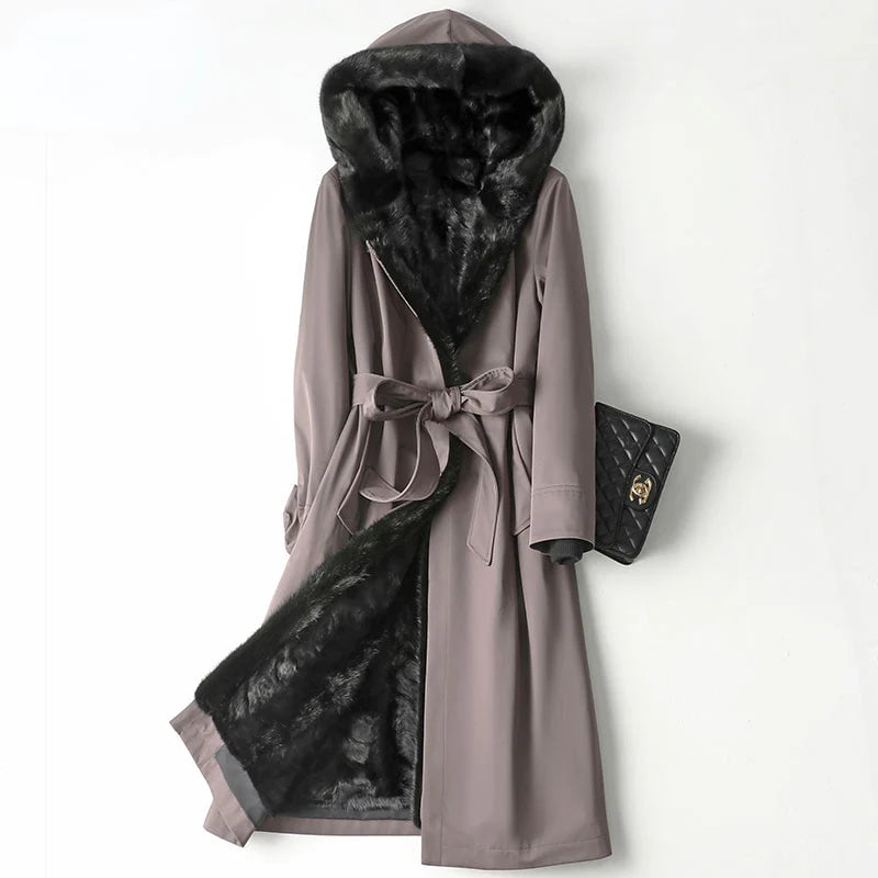 Women's Korean Fashion Mink Liner Hooded Fur Belt Long Coats