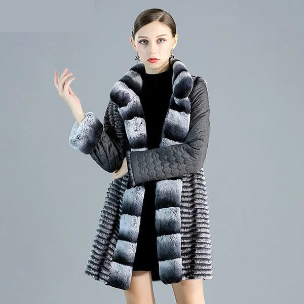 Women's Real Rex Rabbit Fur Down Cotton Wide-waisted Jacket for Winter