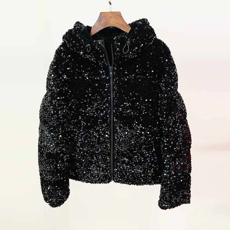 Women's Sequin Velvet Short Puffer Jacket Blingbling White duck down jacket