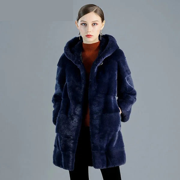 Women's Slim Type Thick Warm Real Mink Fur Winter Jacket with Hood