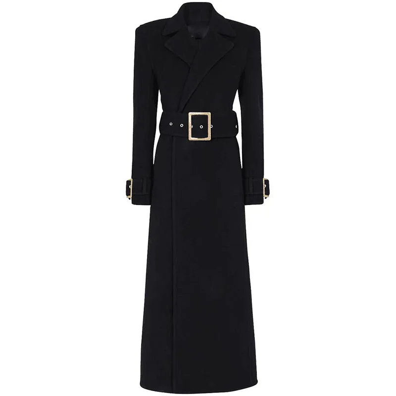 Women's Winter Autumn Golden BUCKLE Belt Black Long Coat, Wedding, Formal Events