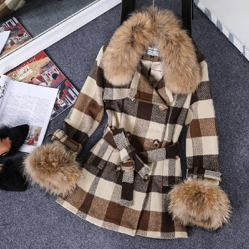 Women's Winter Casual Raccoon Leather Fur Collar Full Sleeve Coat