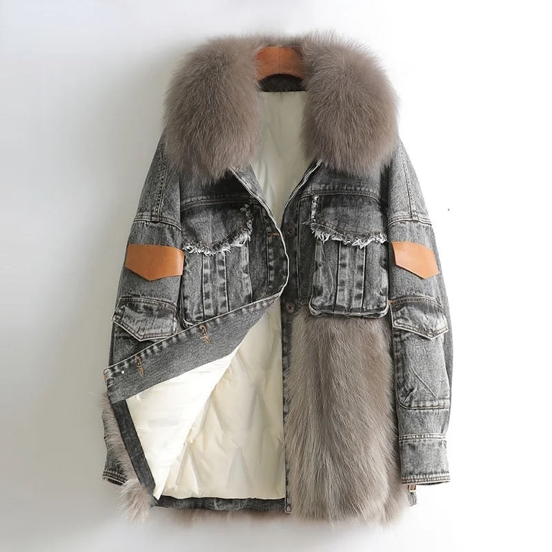 Women's Winter Denim Raccoon Fox Fur Collar Down Thick Warm Coats