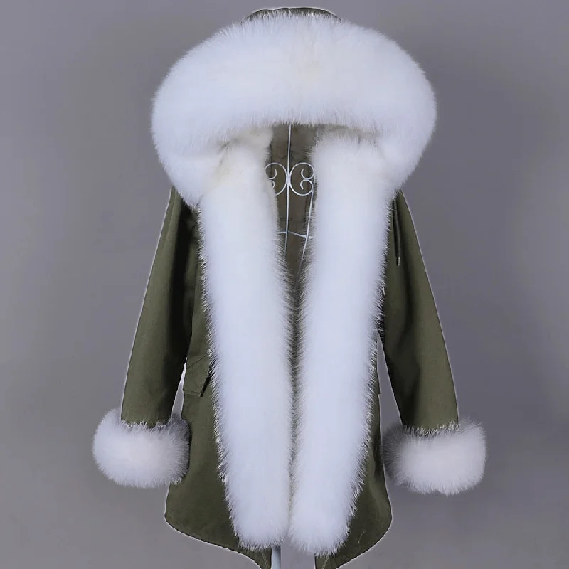 Women's Winter Fashion Big Real Fox Fur Collar Hooded Parkas Jacket