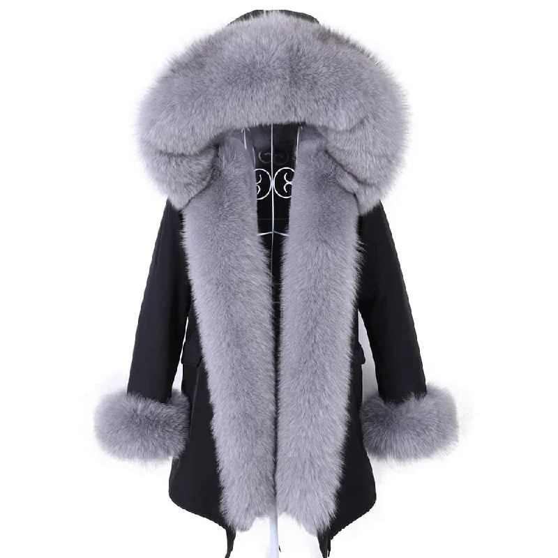 Women's Winter Long Hooded Big Removable Real Fox Fur Collar Jacket