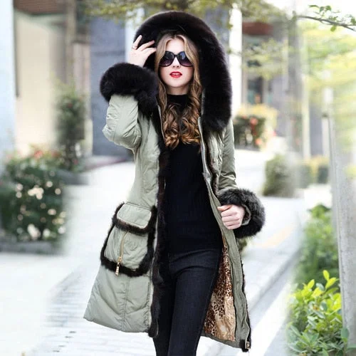 Women's Winter Luxury Mink Fox Big Fur Collar Slim Medium Thick Down Coats