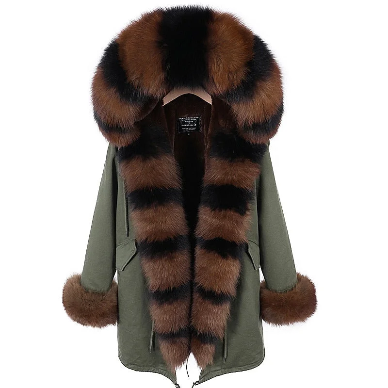 Women's Winter Luxury Real Fox Fur Collar Hooded Parkas Jacket