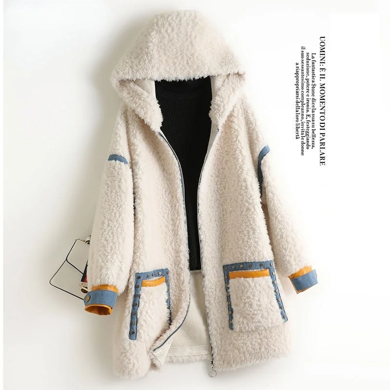 Women's Winter Warm 100% Wool Fur Zipper Hooded Long Slim Coats