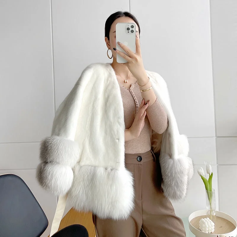 Women's Winter Warm Natural Mink Fox Fur Full Sleeves Short Jackets