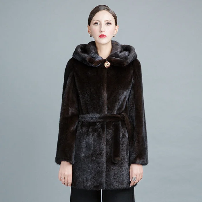 Women's Winter Warm Natural Mink Fur Medium Length Thick Hood Jackets