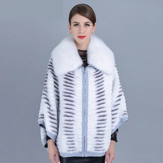 Women's Winter Warm Striped Real Fox Fur Batwing Sleeves Knitted Jackets