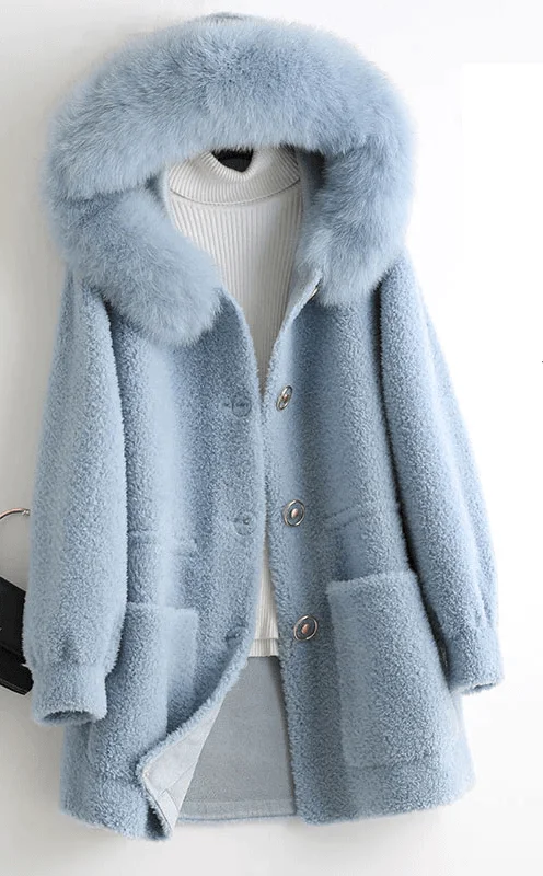 Women's Winter Wool Fur Fox Hooded Wide-waisted Long Sleeve Coats