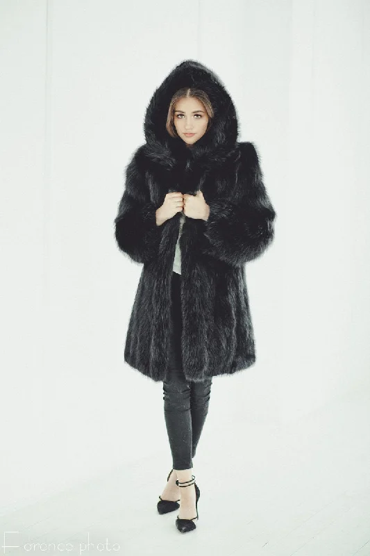 Fox Fur Coat with Hood (Black)