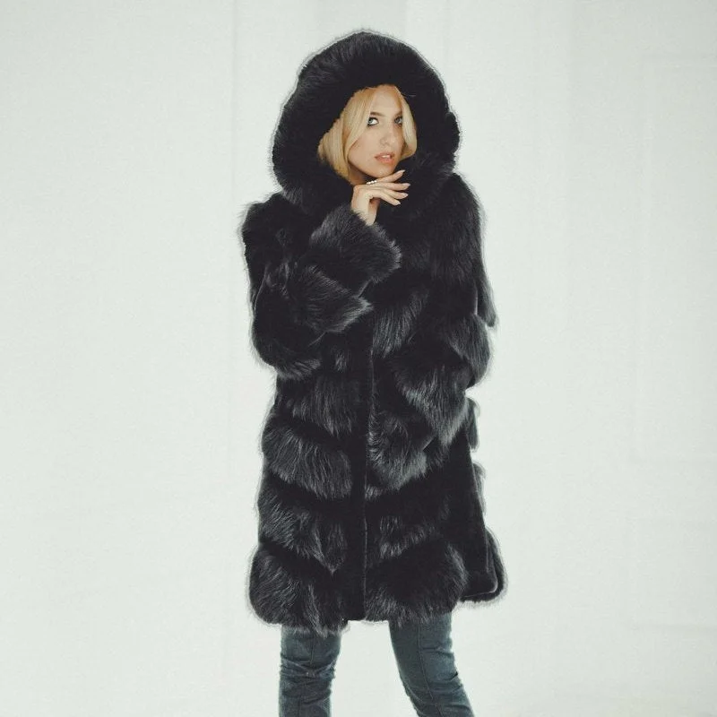 Fox Fur Hooded Jacket (Black)