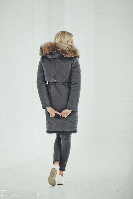 Fox Fur Parka Coat (Black)